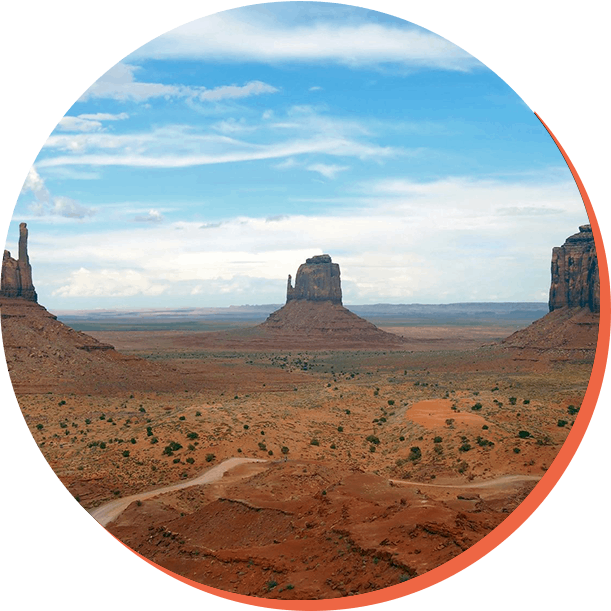 Panorama with West Mitten Butte, East Mitten Butte and Merrick Butte in Monument Valley