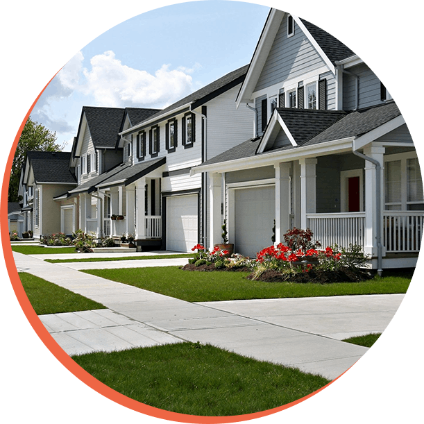 Small town residential street of new town homes.